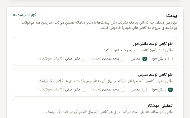 تنظیم پیامک آموزشگاه: برای هر رویداد، چه کسانی پیامک بگیرند